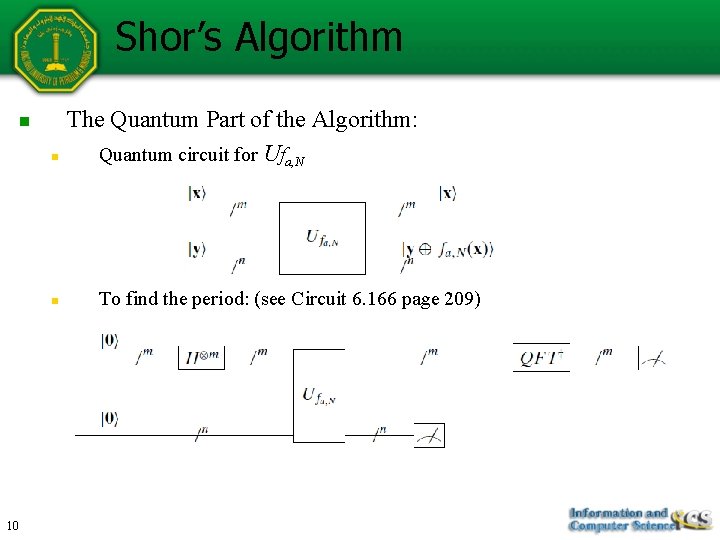 Shor’s Algorithm n n n 10 The Quantum Part of the Algorithm: Quantum circuit Shor’s Algorithm n n n 10 The Quantum Part of the Algorithm: Quantum circuit