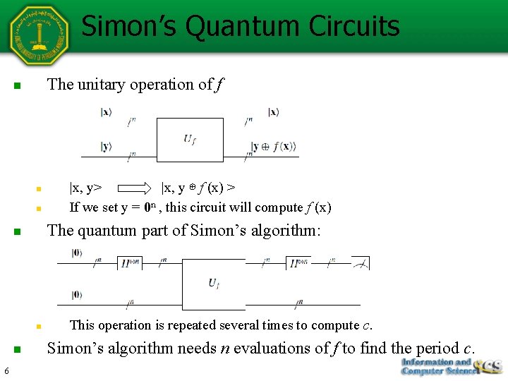 Simon’s Quantum Circuits The unitary operation of f n n n The quantum part Simon’s Quantum Circuits The unitary operation of f n n n The quantum part