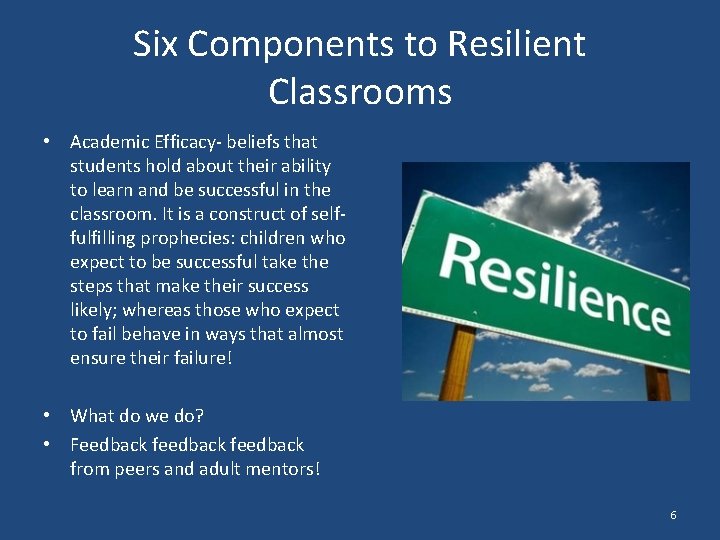 Six Components to Resilient Classrooms • Academic Efficacy- beliefs that students hold about their