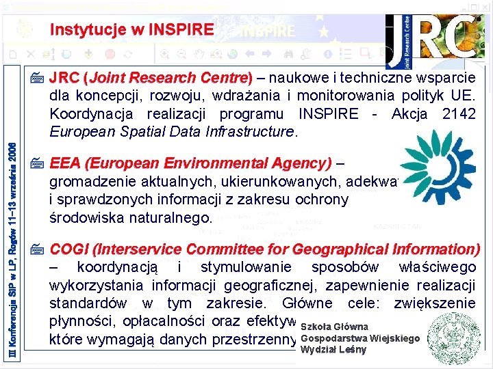 Instytucje w INSPIRE III Konferencja SIP w LP, Rogów 11 -13 września 2006 7 Instytucje w INSPIRE III Konferencja SIP w LP, Rogów 11 -13 września 2006 7