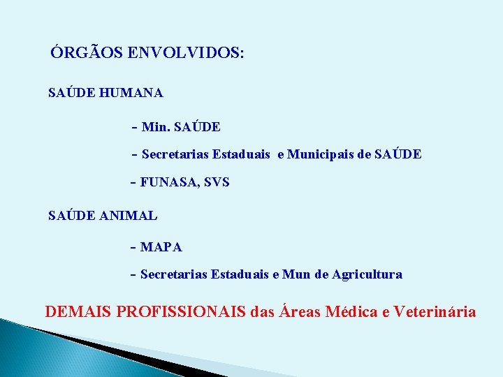 ÓRGÃOS ENVOLVIDOS: SAÚDE HUMANA - Min. SAÚDE - Secretarias Estaduais e Municipais de SAÚDE