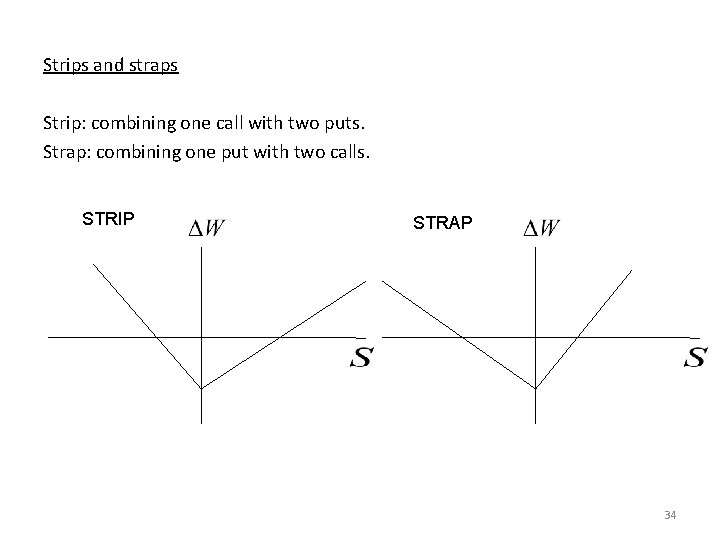 Strips and straps Strip: combining one call with two puts. Strap: combining one put