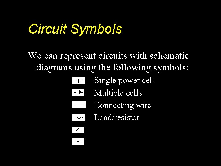 Circuit Symbols We can represent circuits with schematic diagrams using the following symbols: Single
