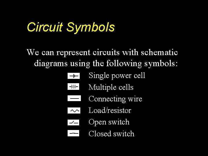 Circuit Symbols We can represent circuits with schematic diagrams using the following symbols: Single