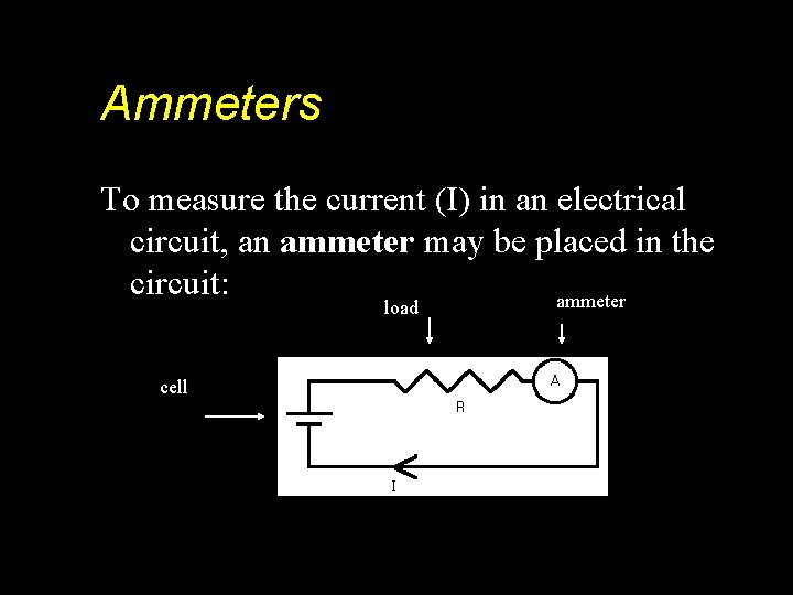 Ammeters To measure the current (I) in an electrical circuit, an ammeter may be