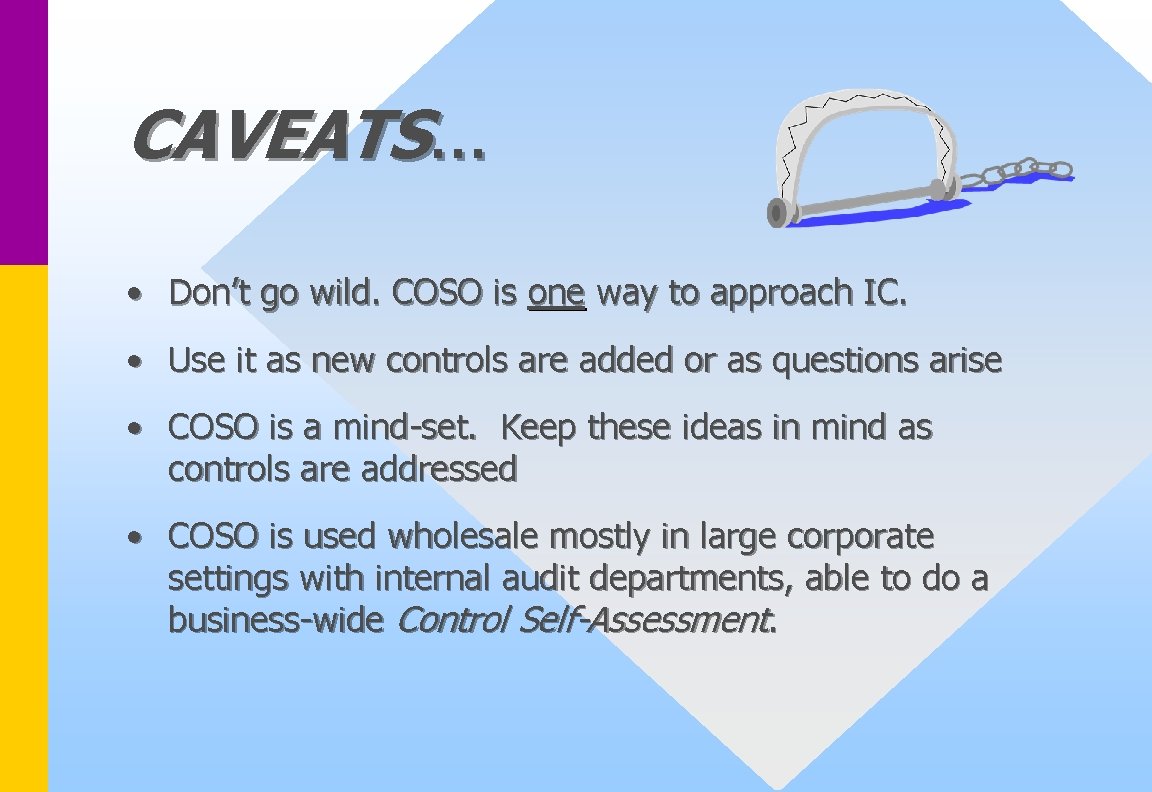 CAVEATS. . . • Don’t go wild. COSO is one way to approach IC.