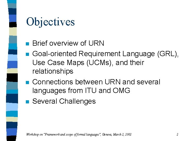 Objectives n n Brief overview of URN Goal-oriented Requirement Language (GRL), Use Case Maps