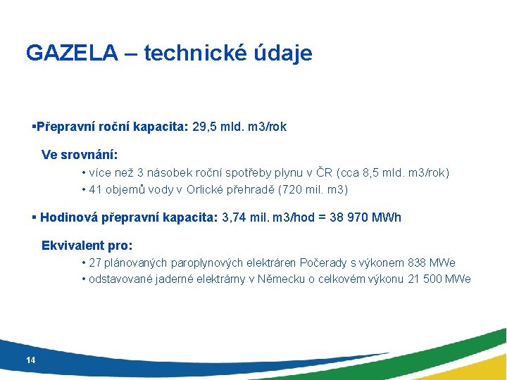 GAZELA – technické údaje §Přepravní roční kapacita: 29, 5 mld. m 3/rok Ve srovnání: