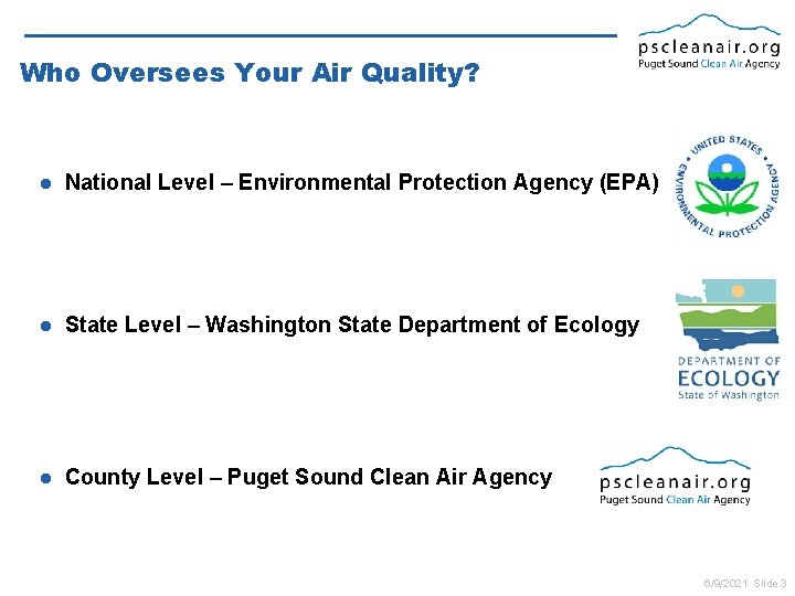 Who Oversees Your Air Quality? l National Level – Environmental Protection Agency (EPA) l