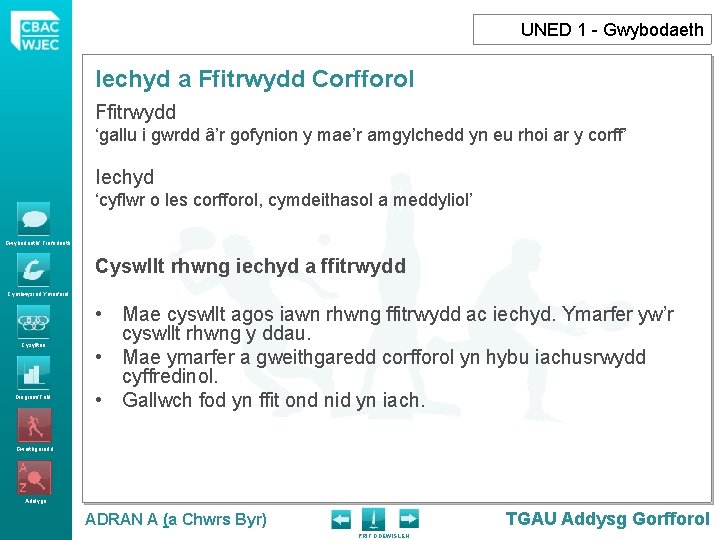 UNED 1 - Gwybodaeth Iechyd a Ffitrwydd Corfforol Ffitrwydd ‘gallu i gwrdd â’r gofynion