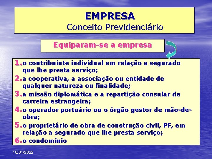 EMPRESA Conceito Previdenciário Equiparam-se a empresa 1. o contribuinte individual em relação a segurado