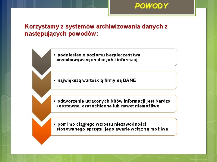 POWODY Korzystamy z systemów archiwizowania danych z następujących powodów: • podniesienie poziomu bezpieczeństwa przechowywanych