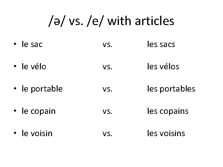 /ə/ vs. /e/ with articles • le sac vs. les sacs • le vélo