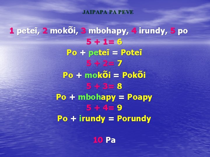 JAIPAPA PA PEVE 1 peteĩ, 2 mokõi, 3 mbohapy, 4 irundy, 5 po 5