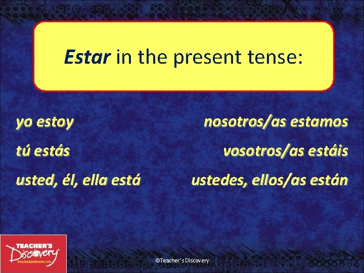 Estar in the present tense: yo estoy nosotros/as estamos tú estás vosotros/as estáis usted,