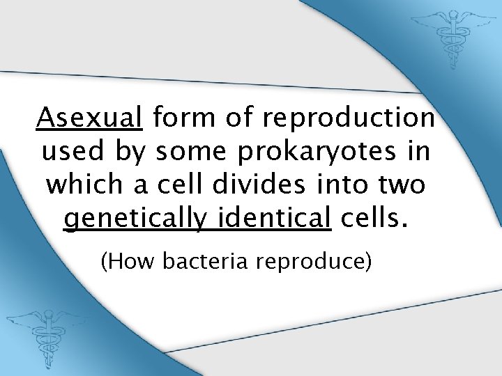 Asexual form of reproduction used by some prokaryotes in which a cell divides into