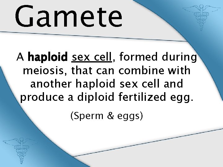 Gamete A haploid sex cell, formed during meiosis, that can combine with another haploid