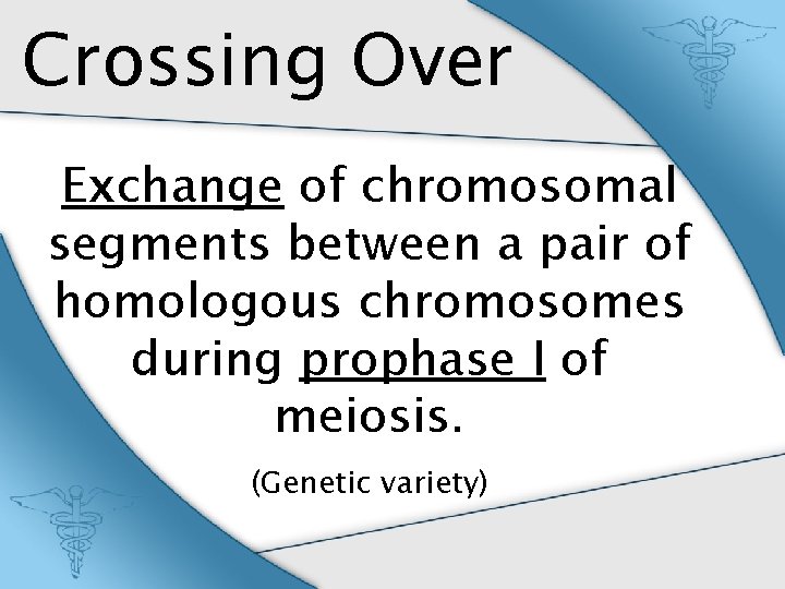 Crossing Over Exchange of chromosomal segments between a pair of homologous chromosomes during prophase