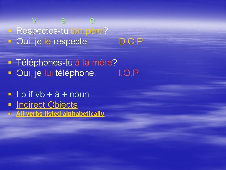 v s o § Respectes-tu ton père? § Oui, je le respecte. D. O.