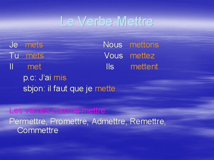 Le Verbe Mettre Je mets Nous mettons Tu mets Vous mettez Il met Ils