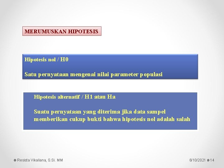 MERUMUSKAN HIPOTESIS Hipotesis nol / H 0 Satu pernyataan mengenai nilai parameter populasi Hipotesis