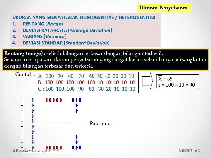 Ukuran Penyebaran UKURAN YANG MENYATAKAN HOMOGENITAS / HETEROGENITAS : 1. RENTANG (Range) 2. DEVIASI
