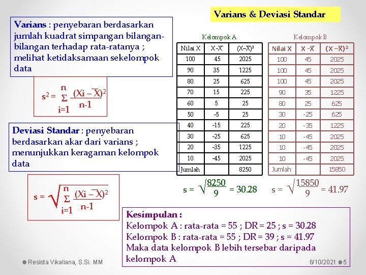 Varians : penyebaran berdasarkan jumlah kuadrat simpangan bilangan terhadap rata-ratanya ; melihat ketidaksamaan sekelompok