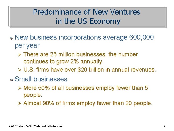 Predominance of New Ventures in the US Economy New business incorporations average 600, 000