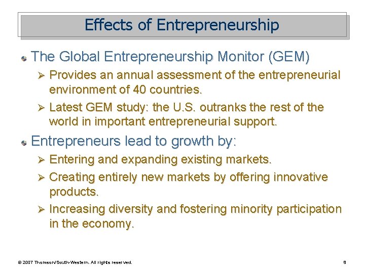 Effects of Entrepreneurship The Global Entrepreneurship Monitor (GEM) Provides an annual assessment of the
