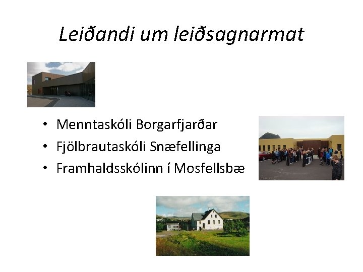 Leiðandi um leiðsagnarmat • Menntaskóli Borgarfjarðar • Fjölbrautaskóli Snæfellinga • Framhaldsskólinn í Mosfellsbæ Leiðandi um leiðsagnarmat • Menntaskóli Borgarfjarðar • Fjölbrautaskóli Snæfellinga • Framhaldsskólinn í Mosfellsbæ