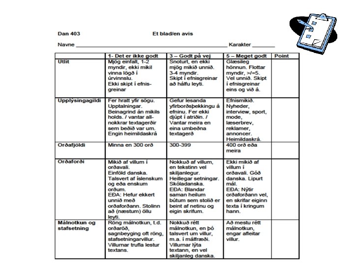 Viðmiðatöflur (marklistar, sóknarkvarðar) Á ensku: Scoring Rubrics – Tæki sem nota má bæði við Viðmiðatöflur (marklistar, sóknarkvarðar) Á ensku: Scoring Rubrics – Tæki sem nota má bæði við