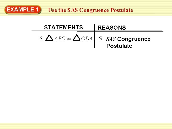 EXAMPLE 1 Use the SAS Congruence Postulate STATEMENTS 5. ABC CDA REASONS 5. SAS