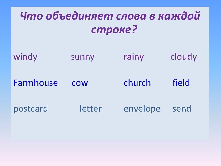 Что объединяет слова в каждой строке? windy sunny rainy cloudy Farmhouse cow church field