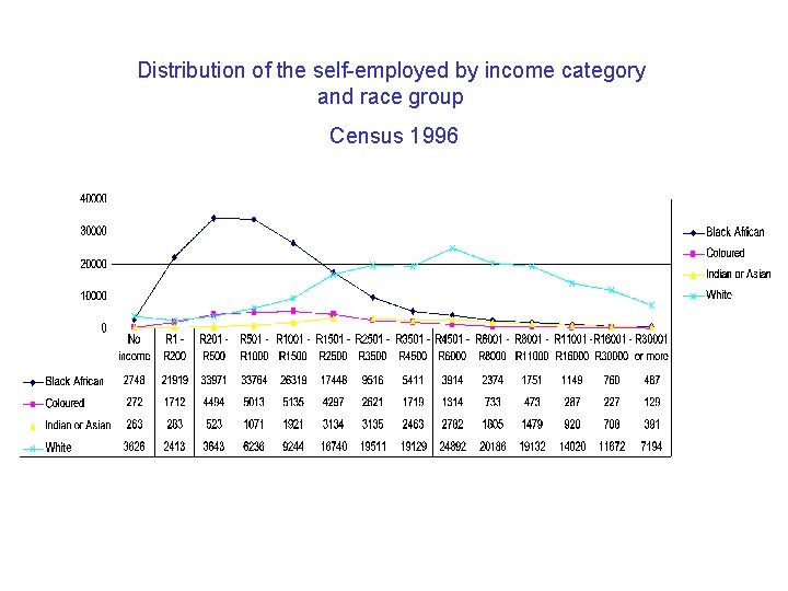 Distribution of the self-employed by income category and race group Census 1996 