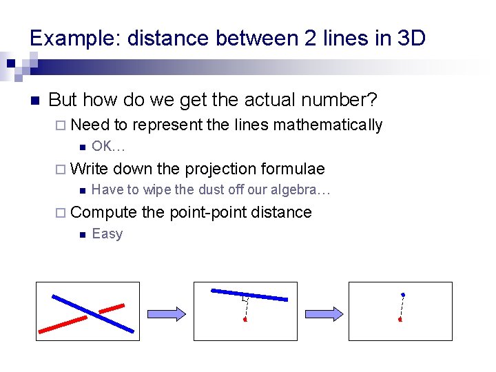 Example: distance between 2 lines in 3 D n But how do we get Example: distance between 2 lines in 3 D n But how do we get
