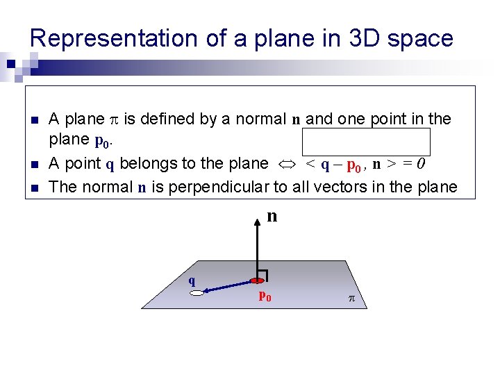 Representation of a plane in 3 D space n n n A plane is Representation of a plane in 3 D space n n n A plane is