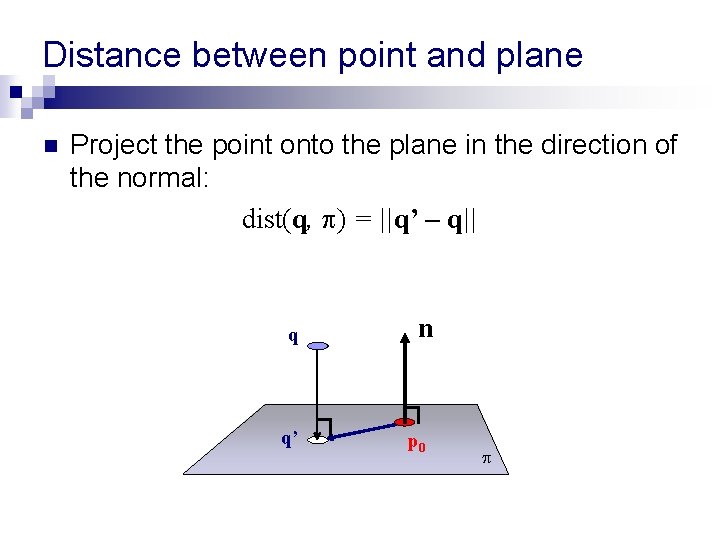 Distance between point and plane n Project the point onto the plane in the Distance between point and plane n Project the point onto the plane in the