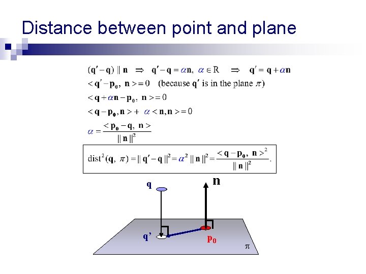 Distance between point and plane q q’ n p 0 Distance between point and plane q q’ n p 0