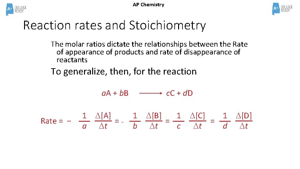 AP Chemistry Reaction rates and Stoichiometry The molar ratios dictate the relationships between the