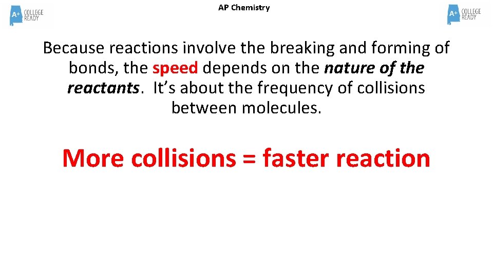 AP Chemistry Because reactions involve the breaking and forming of bonds, the speed depends