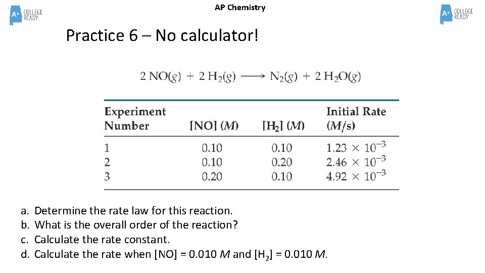 AP Chemistry Practice 6 – No calculator! a. b. c. d. Determine the rate