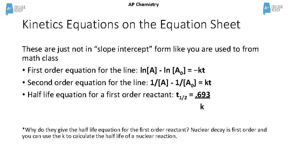 AP Chemistry Kinetics Equations on the Equation Sheet These are just not in “slope