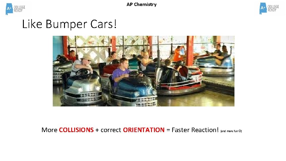AP Chemistry Like Bumper Cars! More COLLISIONS + correct ORIENTATION = Faster Reaction! (and