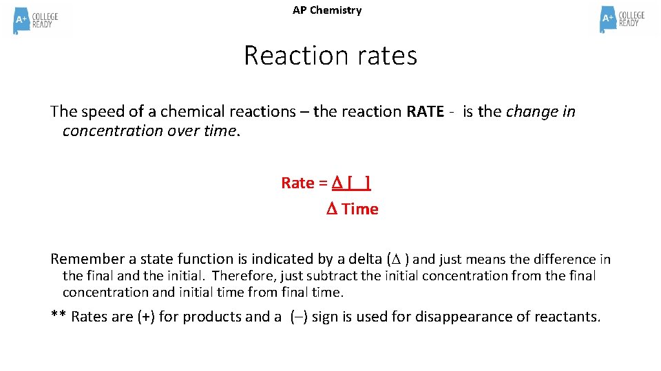 AP Chemistry Reaction rates The speed of a chemical reactions – the reaction RATE