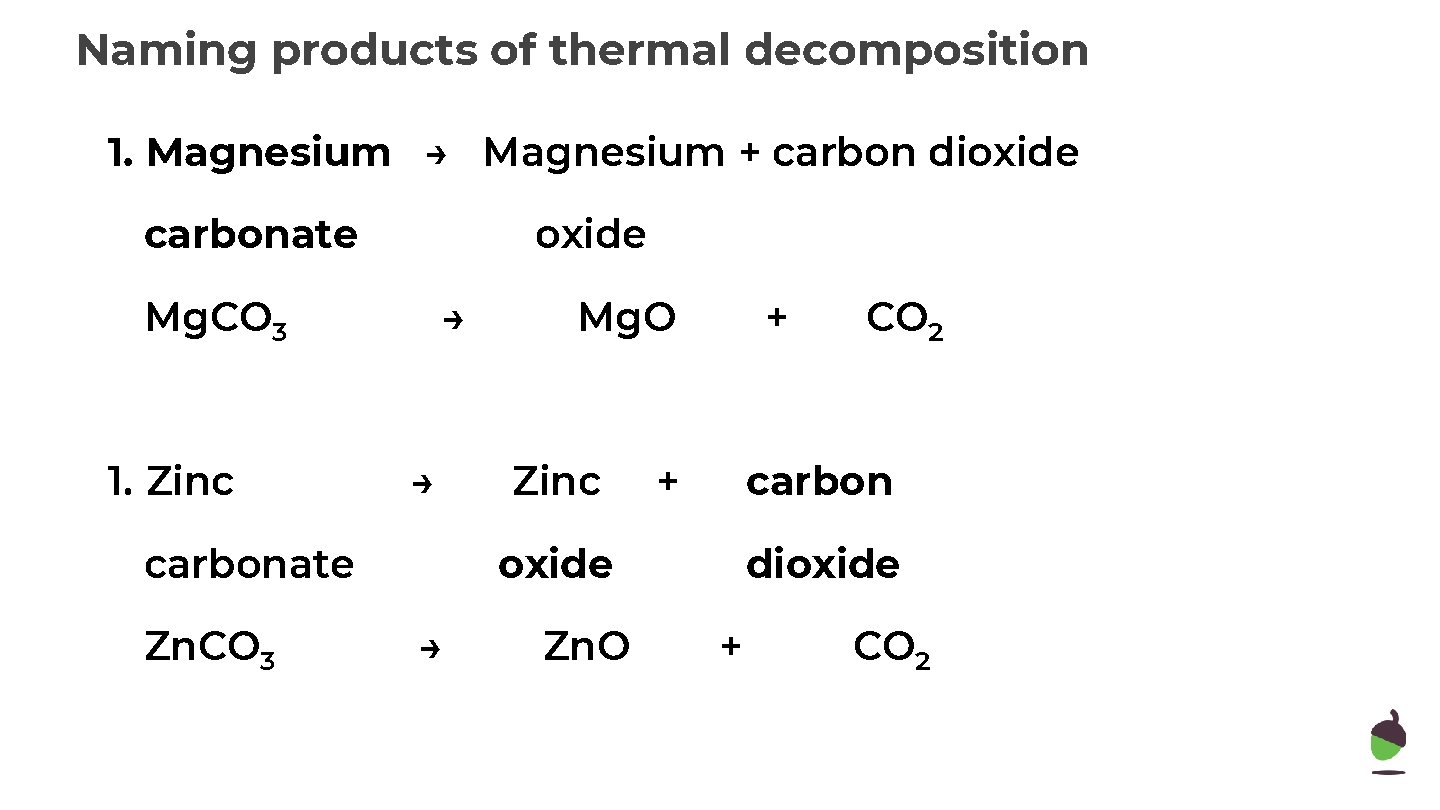 Naming products of thermal decomposition 1. Magnesium → Magnesium + carbon dioxide carbonate oxide