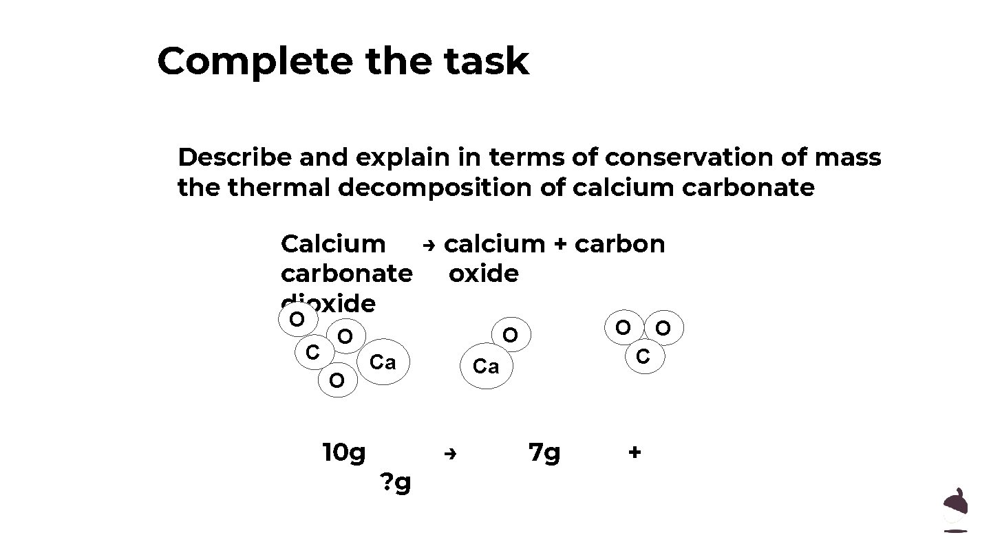 Complete the task Describe and explain in terms of conservation of mass thermal decomposition