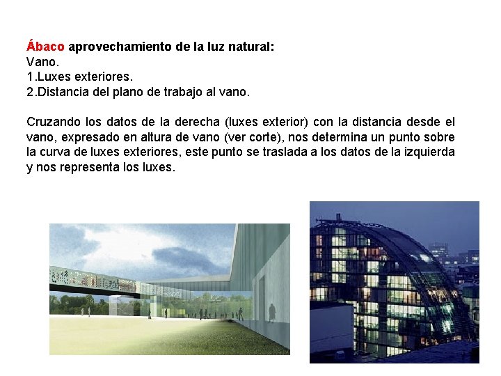 Ábaco aprovechamiento de la luz natural: Vano. 1. Luxes exteriores. 2. Distancia del plano Ábaco aprovechamiento de la luz natural: Vano. 1. Luxes exteriores. 2. Distancia del plano
