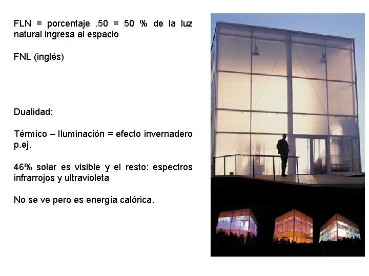FLN = porcentaje. 50 = 50 % de la luz natural ingresa al espacio FLN = porcentaje. 50 = 50 % de la luz natural ingresa al espacio