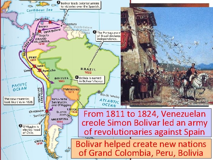 From 1811 to 1824, Venezuelan creole Simon Bolivar led an army of revolutionaries against