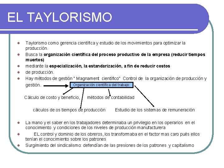 EL TAYLORISMO l l l Taylorismo como gerencia científica y estudio de los movimientos